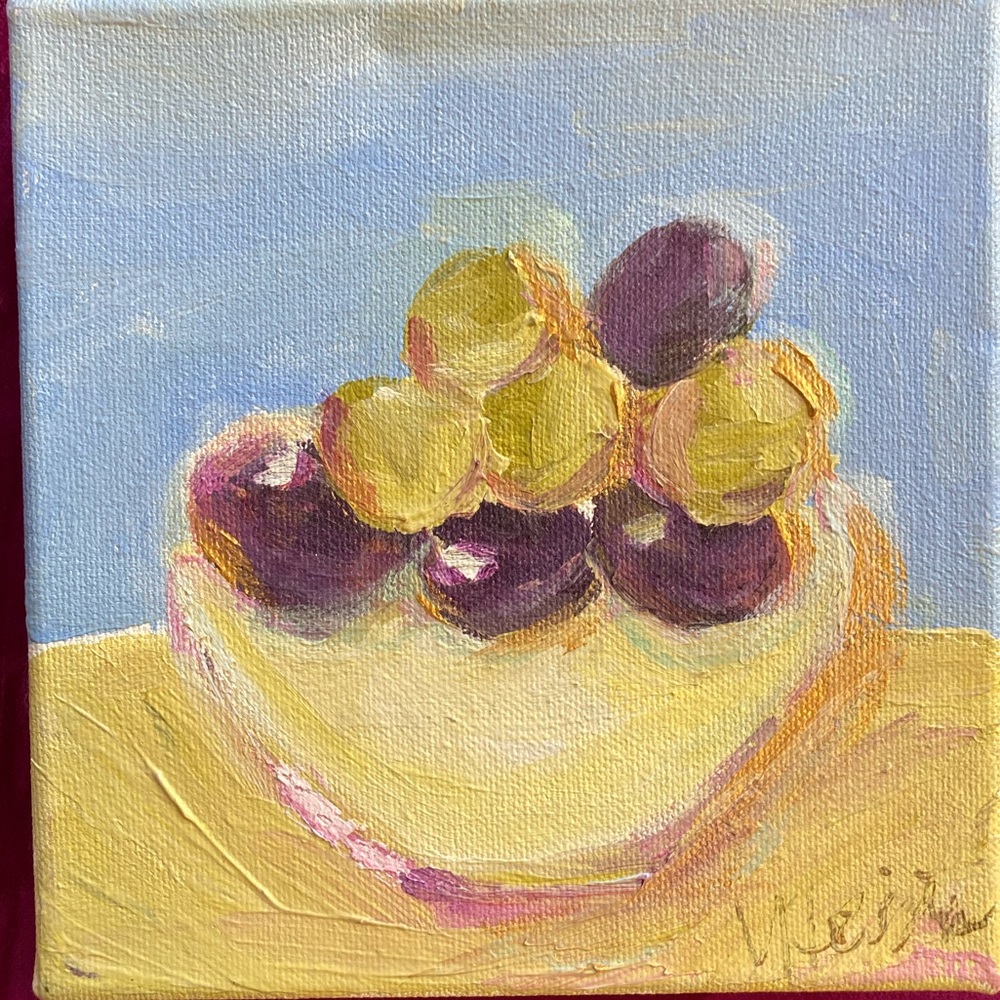 Greek Olives On Heather Blue  Original Acrylic Painting  6”x 6”1.5”